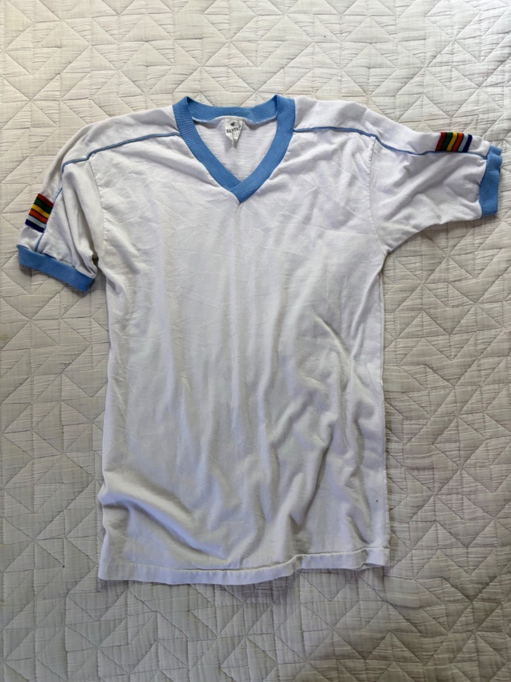 Super rare Vintage White V-neck with Rainbow accents